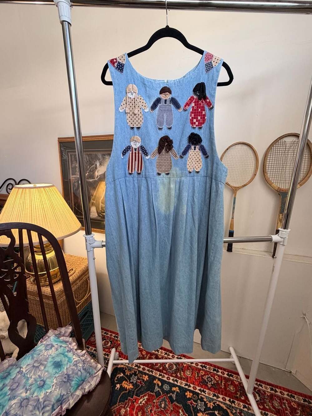 Vintage Grandmacore Denim Patchwork Doll Applique Sundress Midi Dress